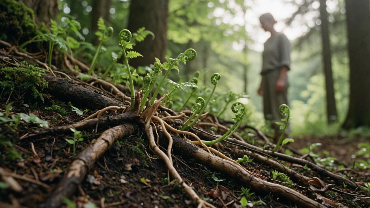 Verwurzelte Bäume mit frischen Trieben im Wald – Symbol für nachhaltiges Wachstum durch Wohlbefinden